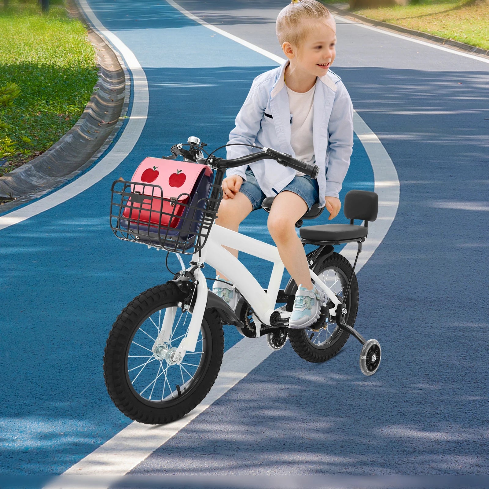 14" Kids Bike Adjustable Children's Bicycle Load 60kg w/Training Wheels+Basket+Backrest Rear Seat for 3-7 Year Old (White/Black)