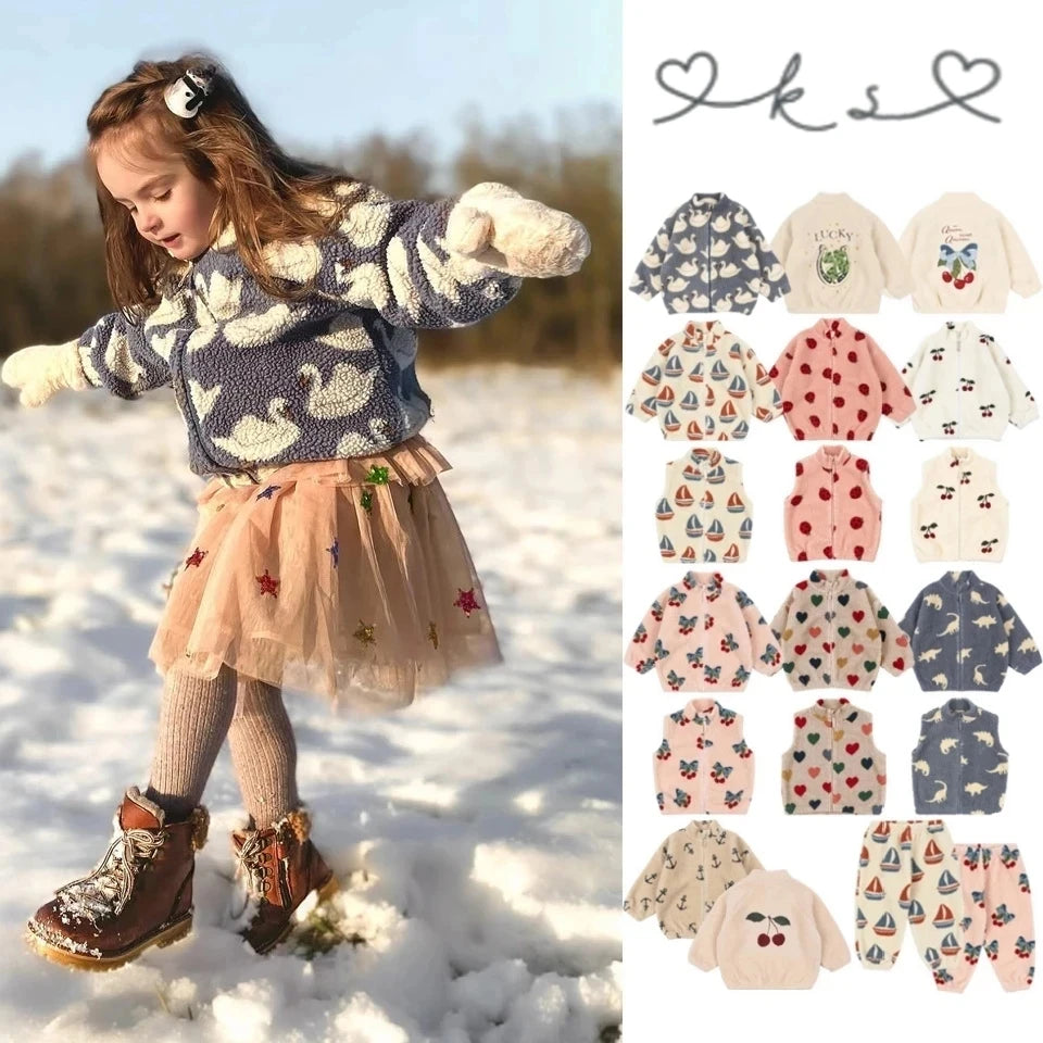 2026 KS Brand Winter Baby Girls Boys Lambswool Cherry Jackets Kids Clothes Boys Sequin Cartoon Outerwear Children's Coats 1-9Yrs Ürün ana görseli