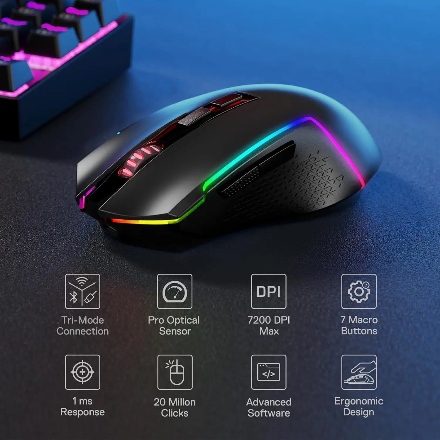 Redragon BS136 Gaming Keyboard & Mouse Combo, 75% K628 Tri-Mode Wireless RGB Mechanical Keyboard and 7200 DPI Gamer Mouse Bundle Ürün ikincil görseli