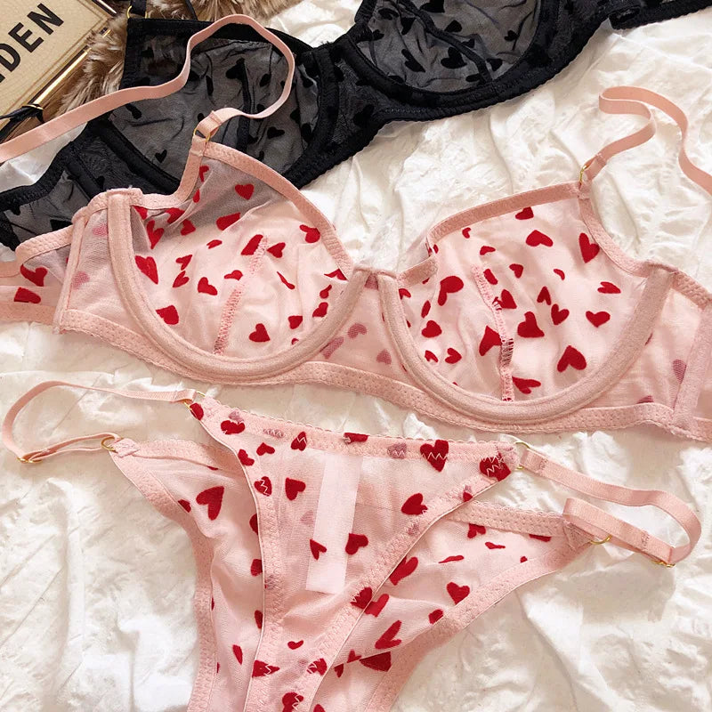New Lingerie Thongs Set Sexy Ultra Thin Transparent Bra Women Underwire Push Up Bra Set Summer Romantic Peach Heart Underwear