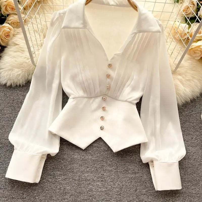 White Casual Polo-Neck Pullover Buttons Puff Sleeve Straight Women's Blouse Short Shirt Female Clothing Tops 2024 Fashion