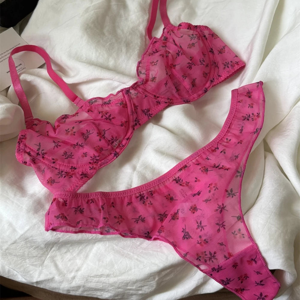 French Ultra Thin Lingerie Set Sexy Lace Floral Prints Bra Fashion Women Underwear Mesh Breathable Intimates Bras and Thong Sets Secondary image