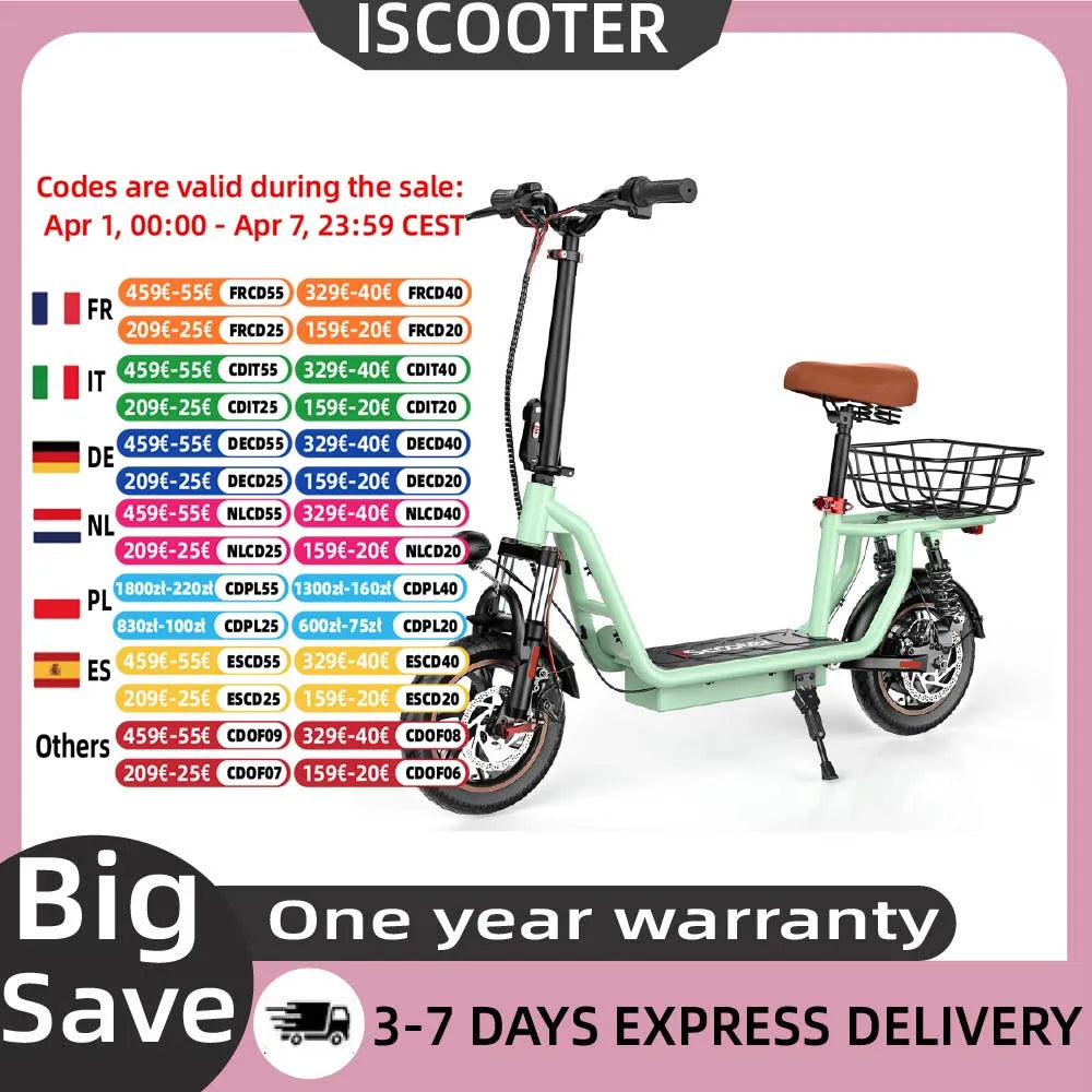 ISCOOTER i12 Adult Electric Scooter 500W Motor E- Scooter 36V7.5AH Battery Electric Scooter 12 Inch Road Tire Electric Scooter