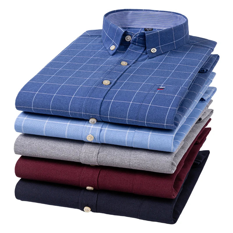 100% Cotton Oxford Men's Shirts Long Sleeves Plaid Soft Regular Fit Formal Dress Shirt Pocket Social Blouse Male Clothes S-7XL Main image