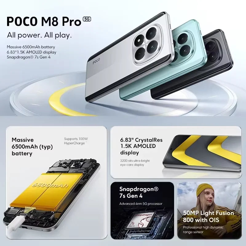 Global Version POCO M8 Pro 5G Snapdragon 7s Gen 4 Smartphone 6.83" AMOLED Display 50MP Camera 6500mAh Battery Xiaomi Cellphone
