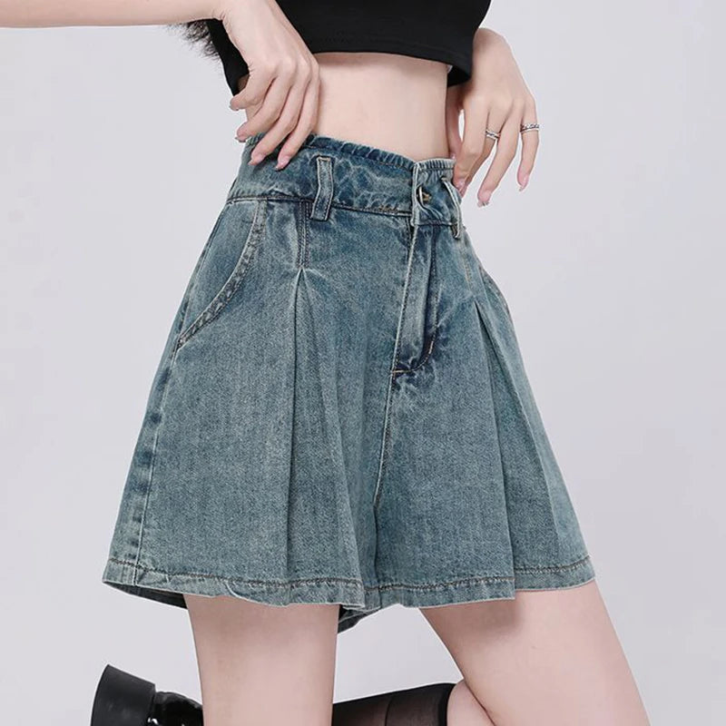 Korean Casual High Waisted Pleated Denim Shorts For Women Spring Summer Baggy Jeans Shorts Y2k  A-Line Wide Leg Jeans Ürün ana görseli