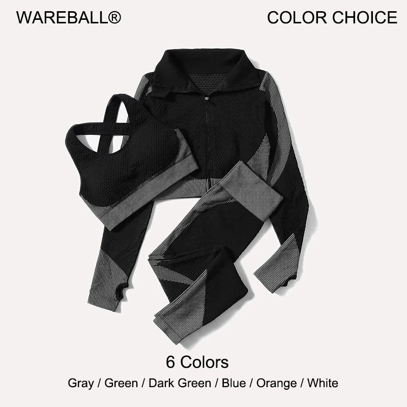 2/3Pcs Women Yoga Suit Seamless Knitted Yoga Pants Leggings Clothing Zipper Long Sleeve Crop Top Fitness Wear Sportswear Gym Set Main image