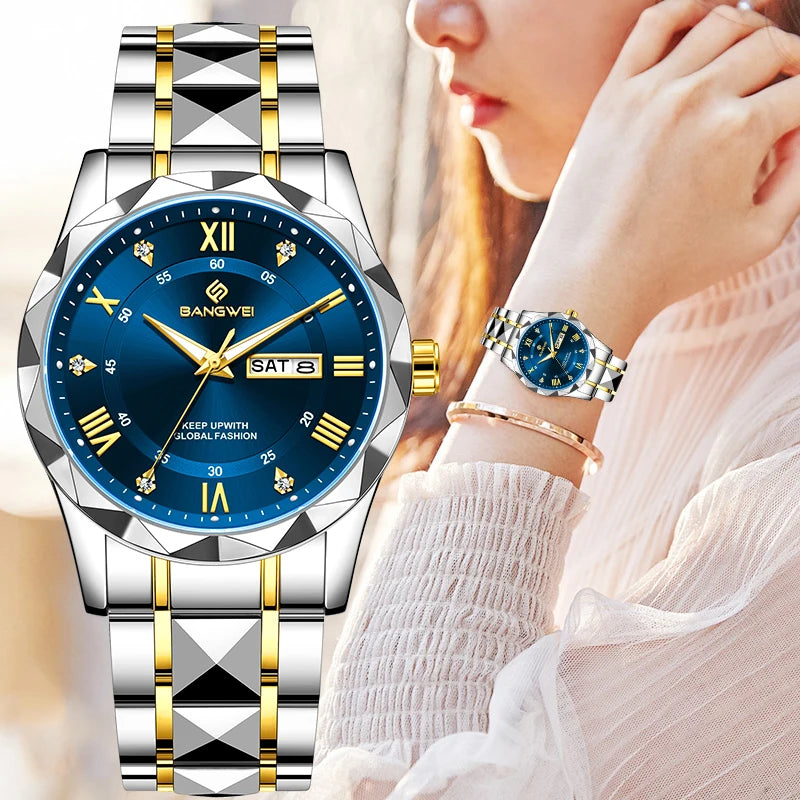 BANGWEI Elegant Luxury Quartz Woman Watch Fashion Classic Simple Stainless Clocks Auto Date Waterproof Diamond Ladies Wristwatch