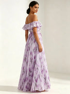 2026 summer off-the-shoulder tulip print plus size slimming square neck maxi dress