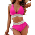 Sexy Deep V-Neck Bikini Swimsuit Set Women 2026 Summer Beach with Chest Cushion Swimwear High Waist Drawstring Triangle Bikini