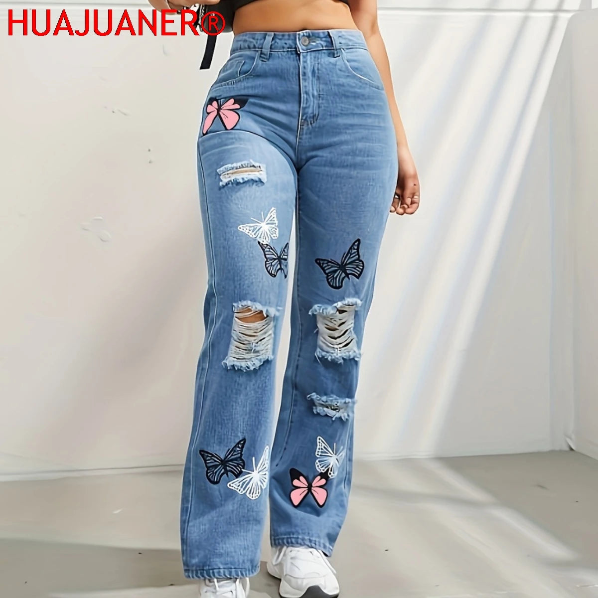 Butterfly Printing Denim Trousers Women Holes Jeans Straight Pants High Waist Loose Fit Vintage 2026 Casual Distressed Denims Ürün ana görseli