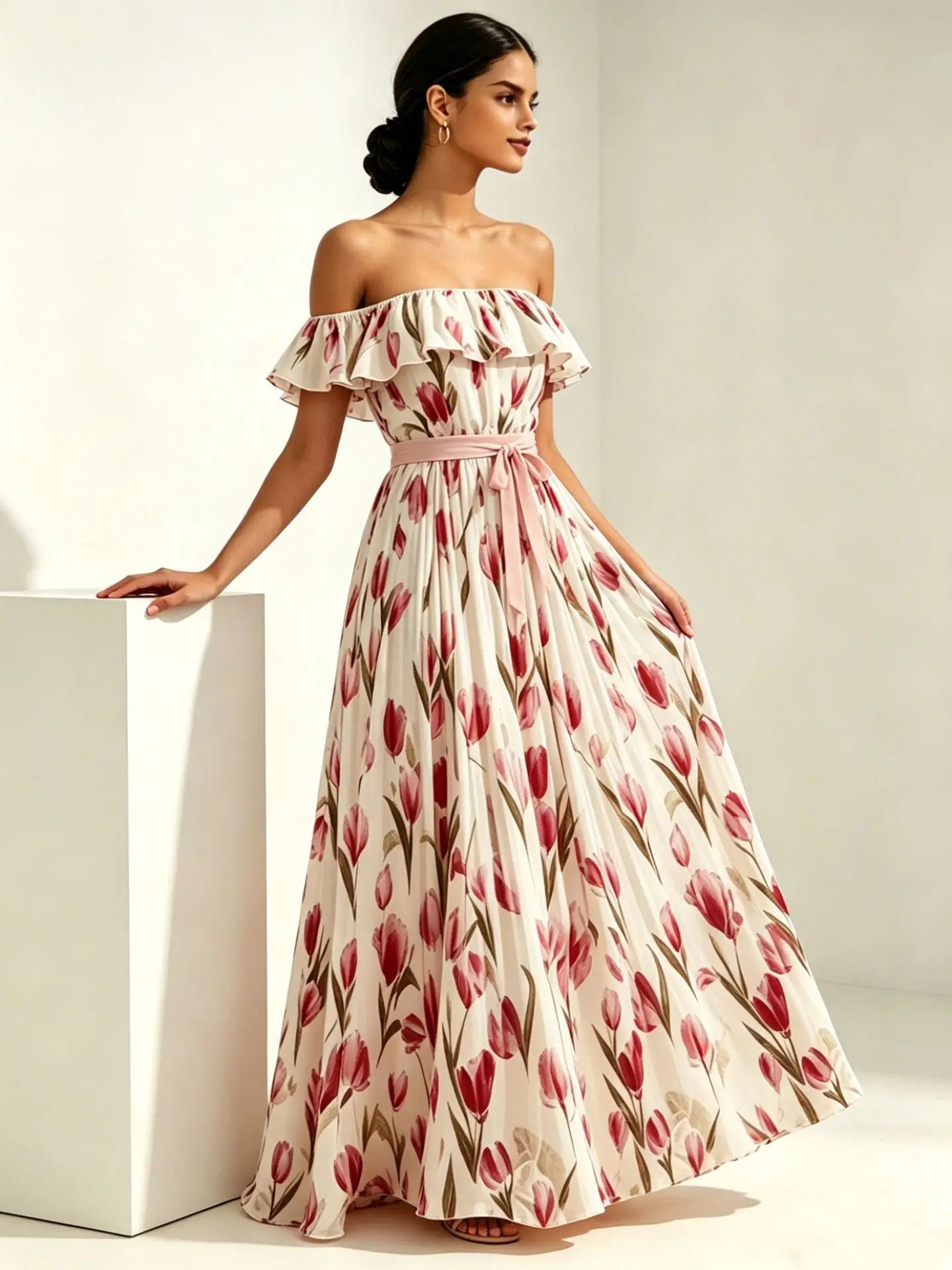 2026 summer off-the-shoulder tulip print plus size slimming square neck maxi dress