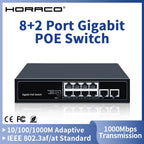 HORACO 8 Port 1000Mbps POE Switch 2 Gigabit Uplink 1000BASE-T RJ45 Networking Switcher 96W Hub Internet Splitter Plug and Play