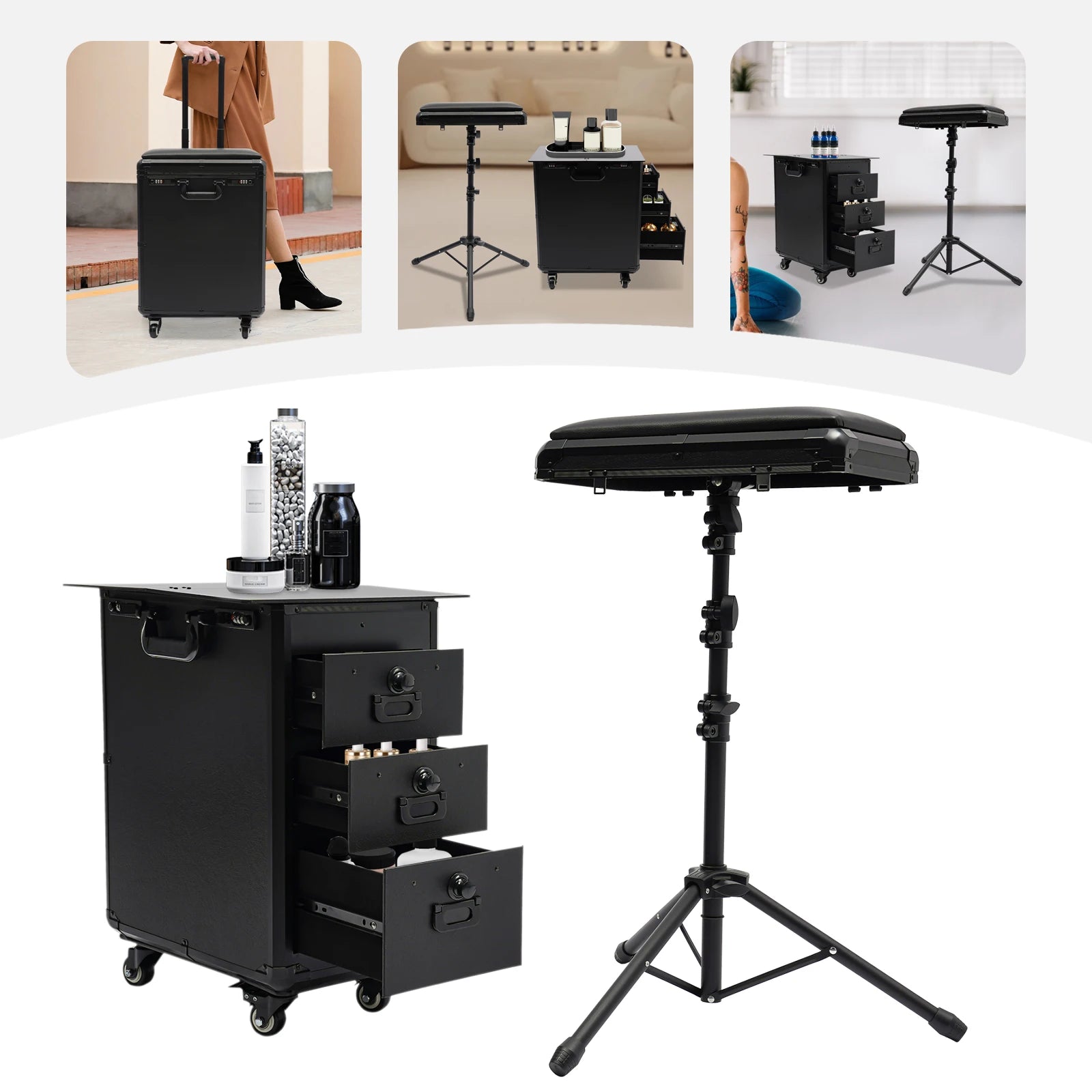 Rolling Makeup Train Case w/Tattoo Armrest Stand,Beauty Trolley Case with 3 Drawers, 4 Universal Wheels, and Combination Lock Ürün ana görseli