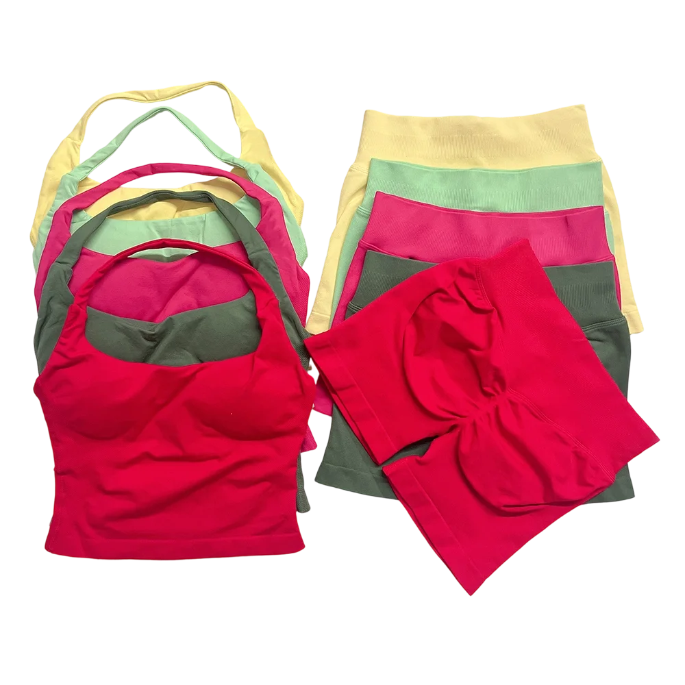 yoga outfits Women 2 pcs Sports DFNNYE Impact Set halterneck Backless Halter Top Seamless Scrunch Shorts Gym Workout Sports Suit