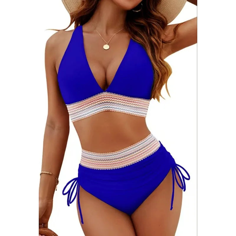 Sexy Deep V-Neck Bikini Swimsuit Set Women 2026 Summer Beach with Chest Cushion Swimwear High Waist Drawstring Triangle Bikini