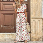Elegant Floral Pleated H shaped Midi Dress Female V Neck Puff Sleeve Waist Ruched Button Dresses Women Summer Dress Robe