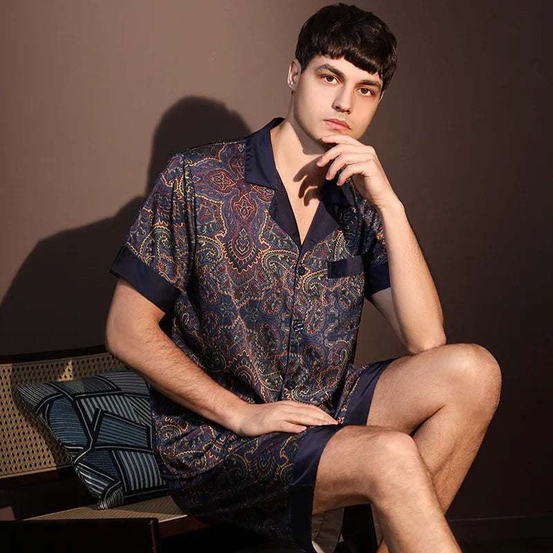 High Quality Pajamas Suit Men Summer Short Sleeve Shorts Ice Silk Sleepwear Male Summer Large Size Simple Casual Loungewear Set Ürün ana görseli