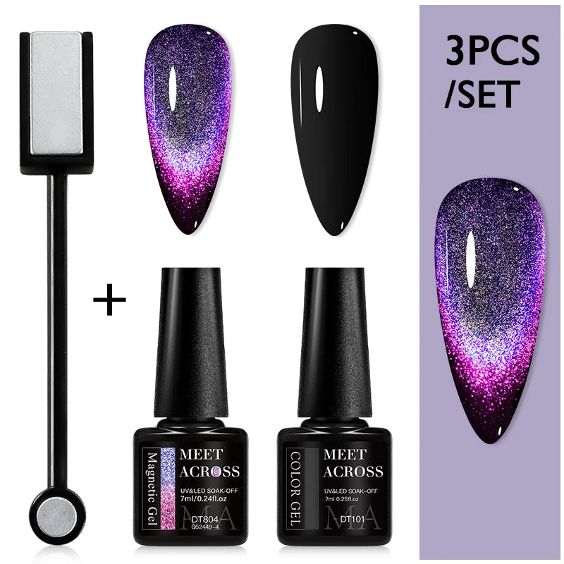 MEET ACROSS 3Pcs/Set 9D Cat Magnetic Gel Nail Polish With Magnetic Stick Semi Permanent Soak Off Nail Art UV LED Gel Varnish Kit