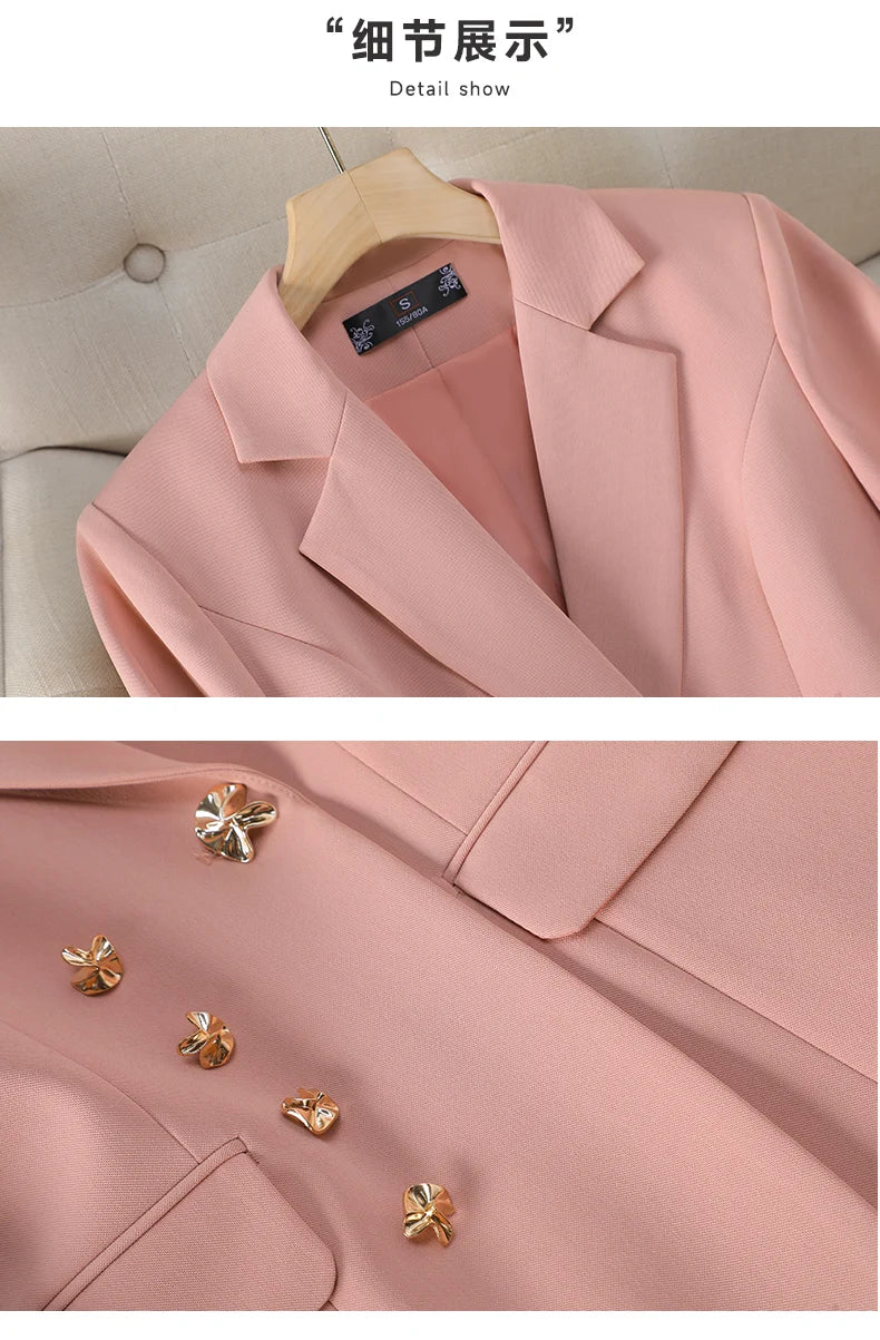 NAVIU New 2024 Women Pant Suits Pink Blazer And Jacket Set Office Ladies Work Business Uniform Female Pantsuit OL Style Beige