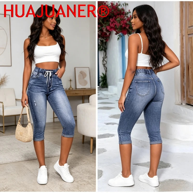 Hole Jeans Women Calf Length Pants Denim Fit High Waist Drawstring Pockets Vintage Pencil Trousers 2026 Streetwear Denims Ürün ana görseli