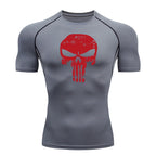 Skull Print Compression Shirts for Men Gym Workout Running Tshirts Sporty Athletic Quick Dry Tees Tops Short Sleeve Rash Guard