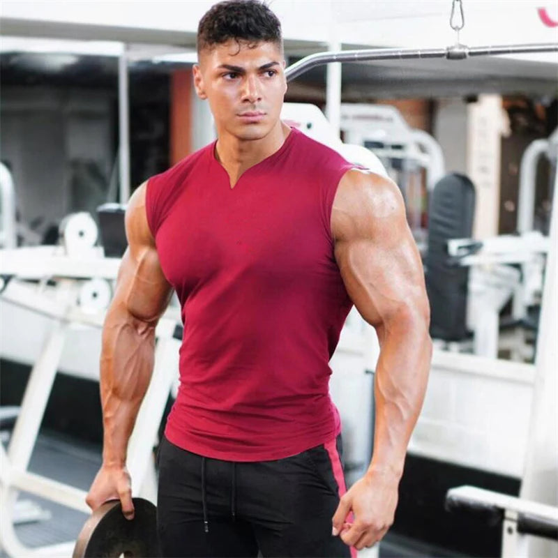 Summer Cotton Breathable V-neck Tank Tops Gym Workout Running Sport Sleeveless Shirt Mens Fitness Bodybuilding Muscle Clothing Ürün ana görseli