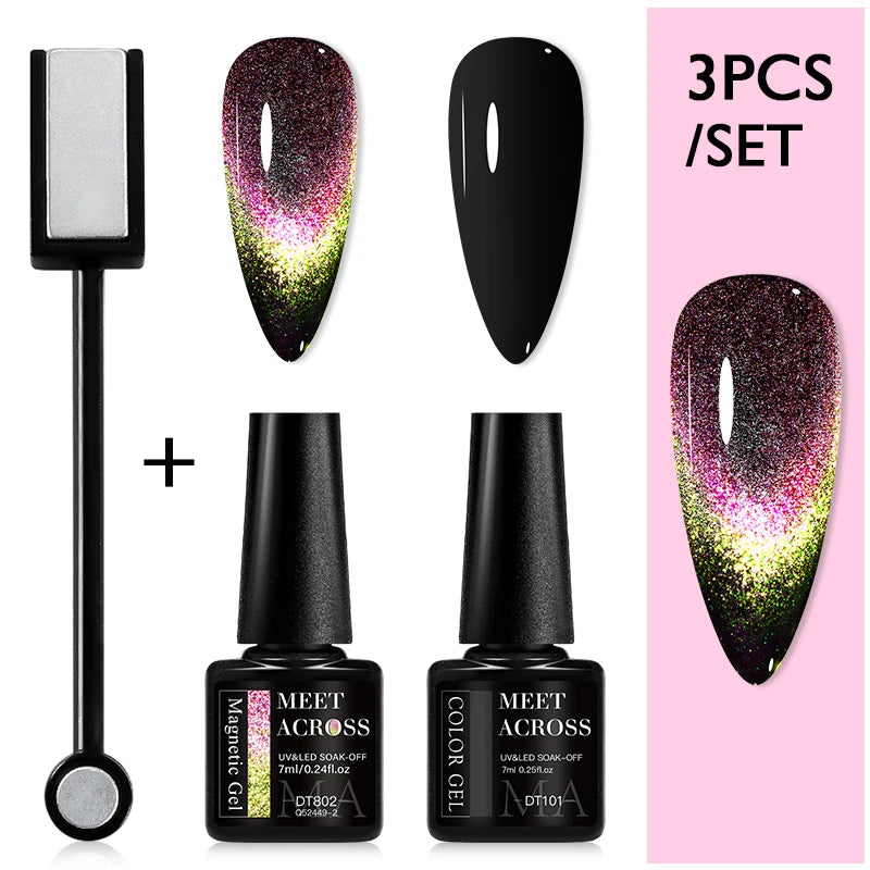 MEET ACROSS 3Pcs/Set 9D Cat Magnetic Gel Nail Polish With Magnetic Stick Semi Permanent Soak Off Nail Art UV LED Gel Varnish Kit