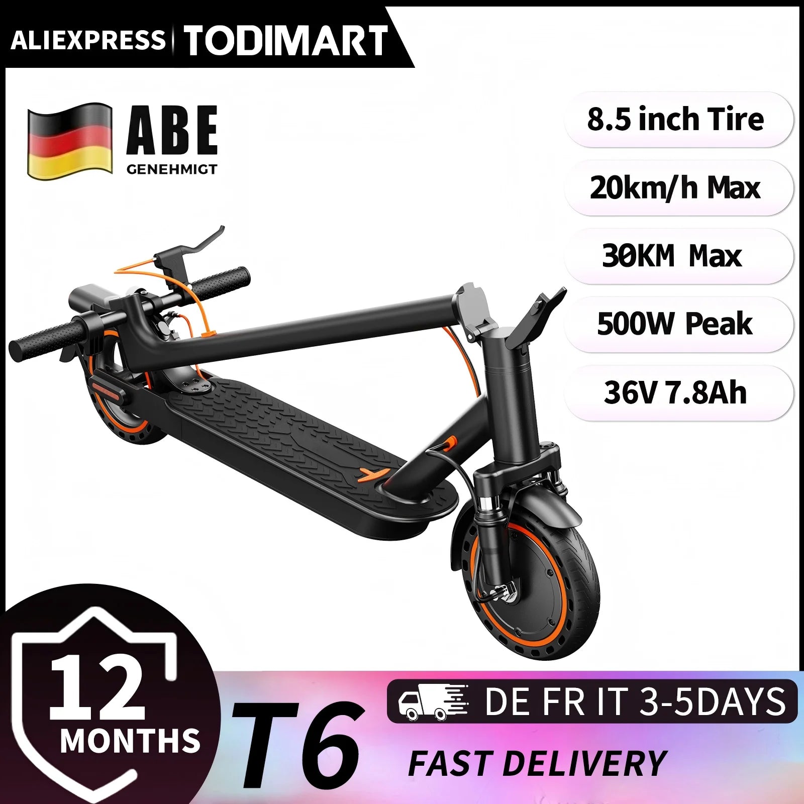 TODIMART T6 ABE e-scooter with road approval, 30 km, 350W, inch tires, Dual shock absorbers, e-scooter for adults Ürün ana görseli