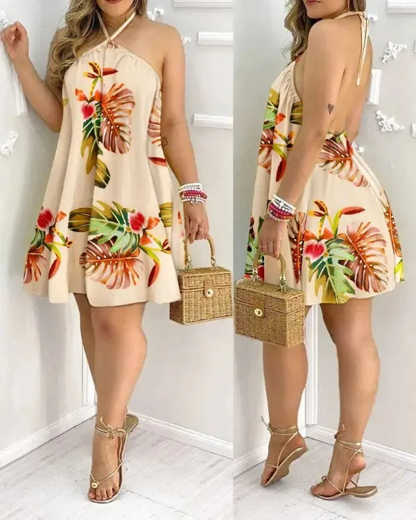 Floral Print Halter Neck Dress Boho Backless Halter Dress For Spring  Summer Women's Clothing Ürün ana görseli