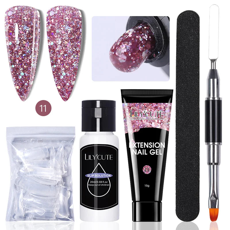 LILYCUTE 15ml Extension Gel Nail Polish Set Quick Nail Prolong With Extend Mold Nail Tips Acrylic Solution Manicure Tools Kit