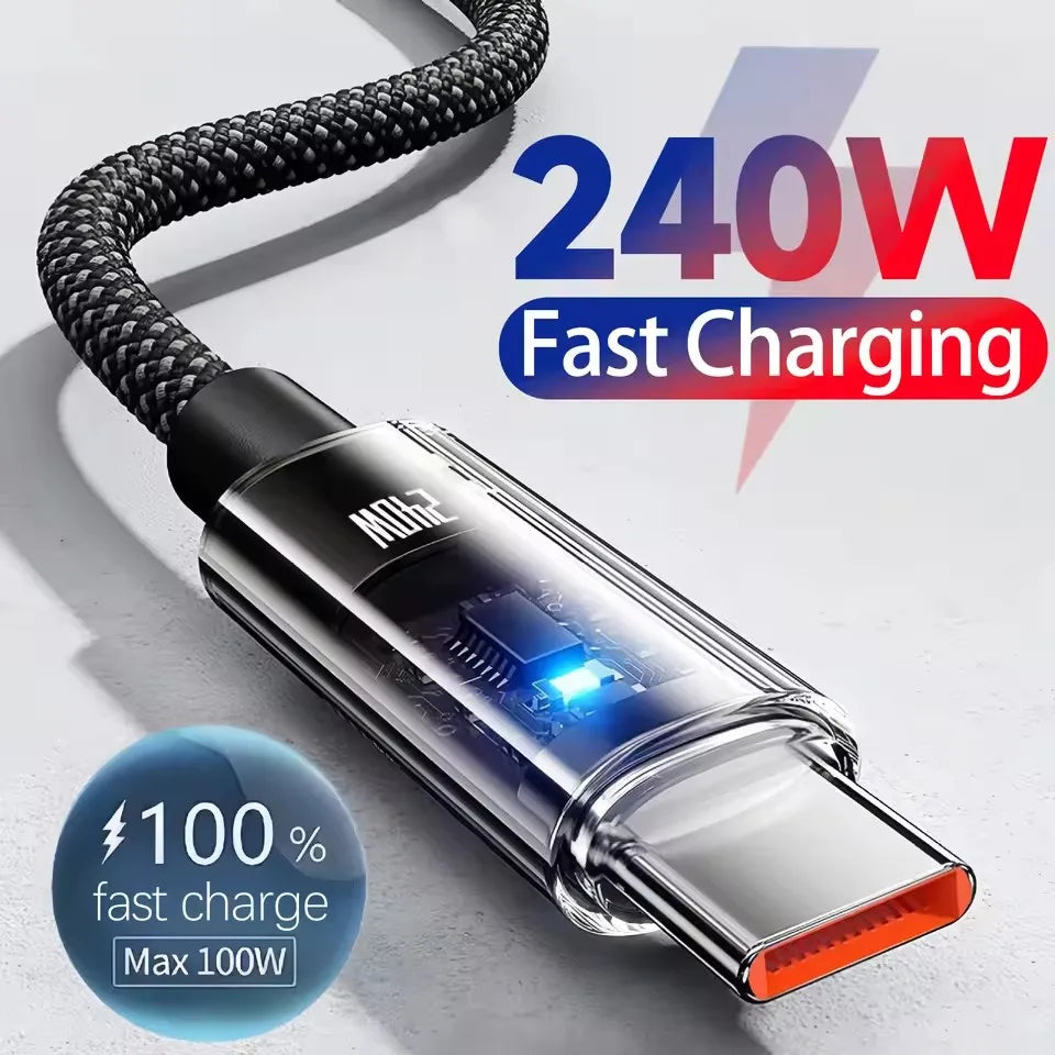 240W Nylon Cable USB Type C Super Fast Charging Cable For Samsung Xiaomi Huawei Honor LED Digital Display Fast Charger Data Cord Main image