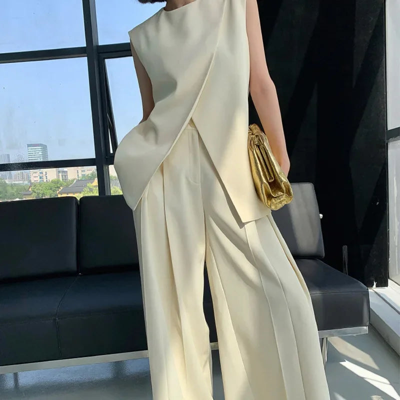 Beige two-piece suit women's summer 2024 new irregular fashion sleeveless vest top high waist wide-leg pants suit Ürün ana görseli