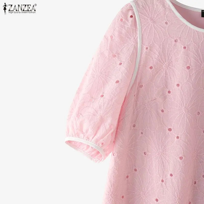 ZANZEA Summer Women's Openwork Embroidered Dresses O-Neck Half Puff Sleeve Contrast-Trim Knee-Length Dress Casual A-Line Robes