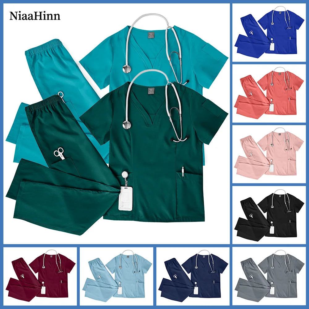 Niaahinn Scrubs Uniforms Sets Wholesale Medical Scrub Stretch Suit Healthcare Nursing Uniform Unisex Surgical Uniforms Woman Men