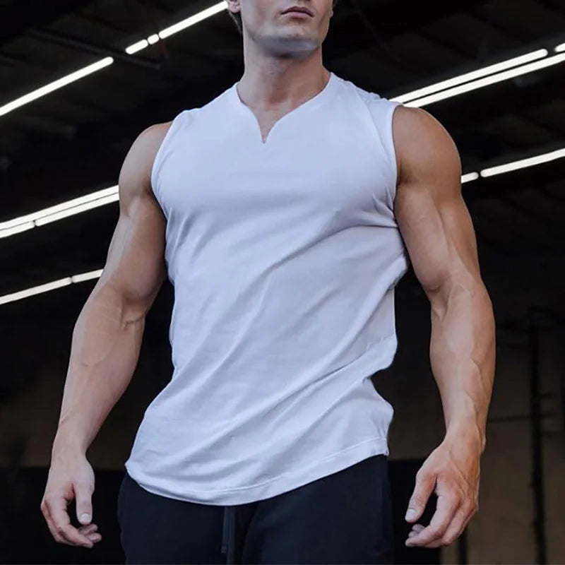 Summer Cotton Breathable V-neck Tank Tops Gym Workout Running Sport Sleeveless Shirt Mens Fitness Bodybuilding Muscle Clothing