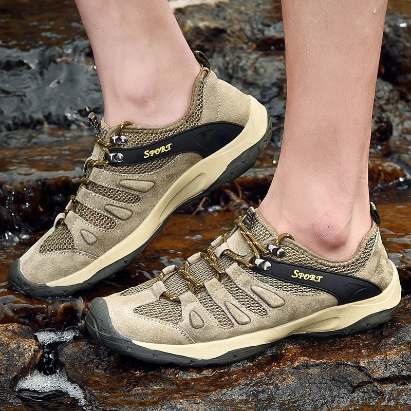 Spring Summer Leather Mesh Outdoor Trekking Shoes Hiking Shoes  Walking Tourism Camping Upstream Sneakers Anti-Slip Breathable Main image
