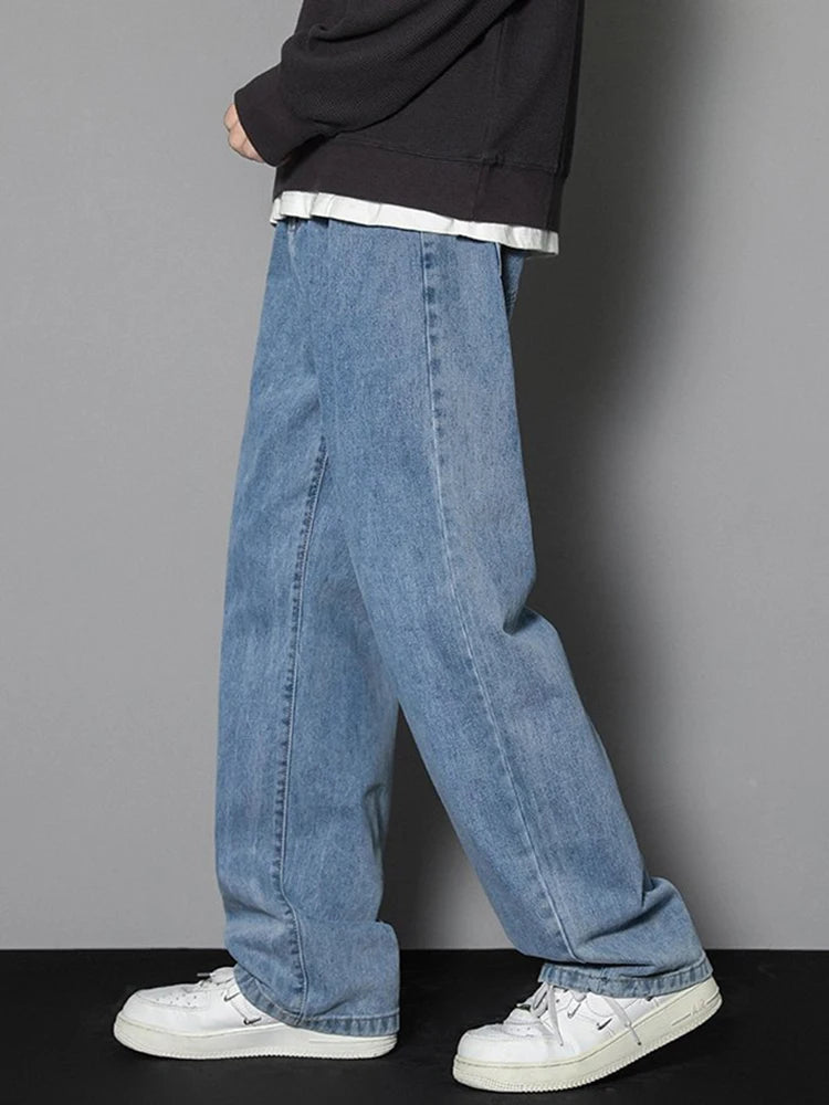 2026 New Korean Men's Casual Long Jeans Classic Man Straight Denim Wide-leg Pants Solid Color Light Blue Grey Black Ürün ana görseli