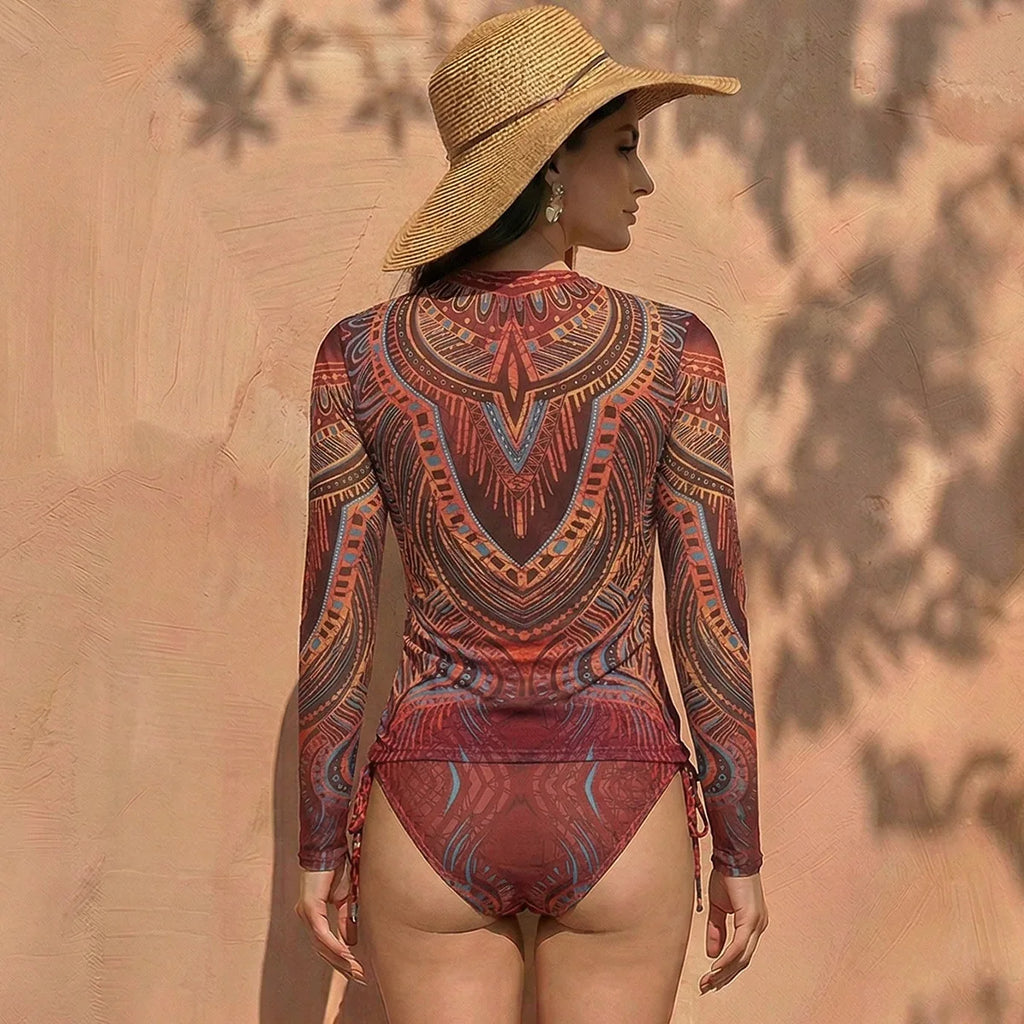 Women's Two Piece Swimwear Long Sleeve Mesh Swimsuit UPF 50+ High Elasticity Padded 2026 New Beach Bathing Suit Beachwear