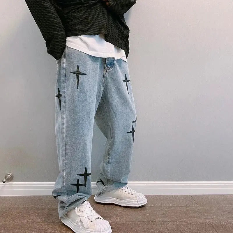 Prints Jeans Men 2023 New Streetwear Baggy Wide Leg Jeans Korean Fashion Drapes Straight Casual Loose Denim Cargo Pants Ürün ikincil görseli
