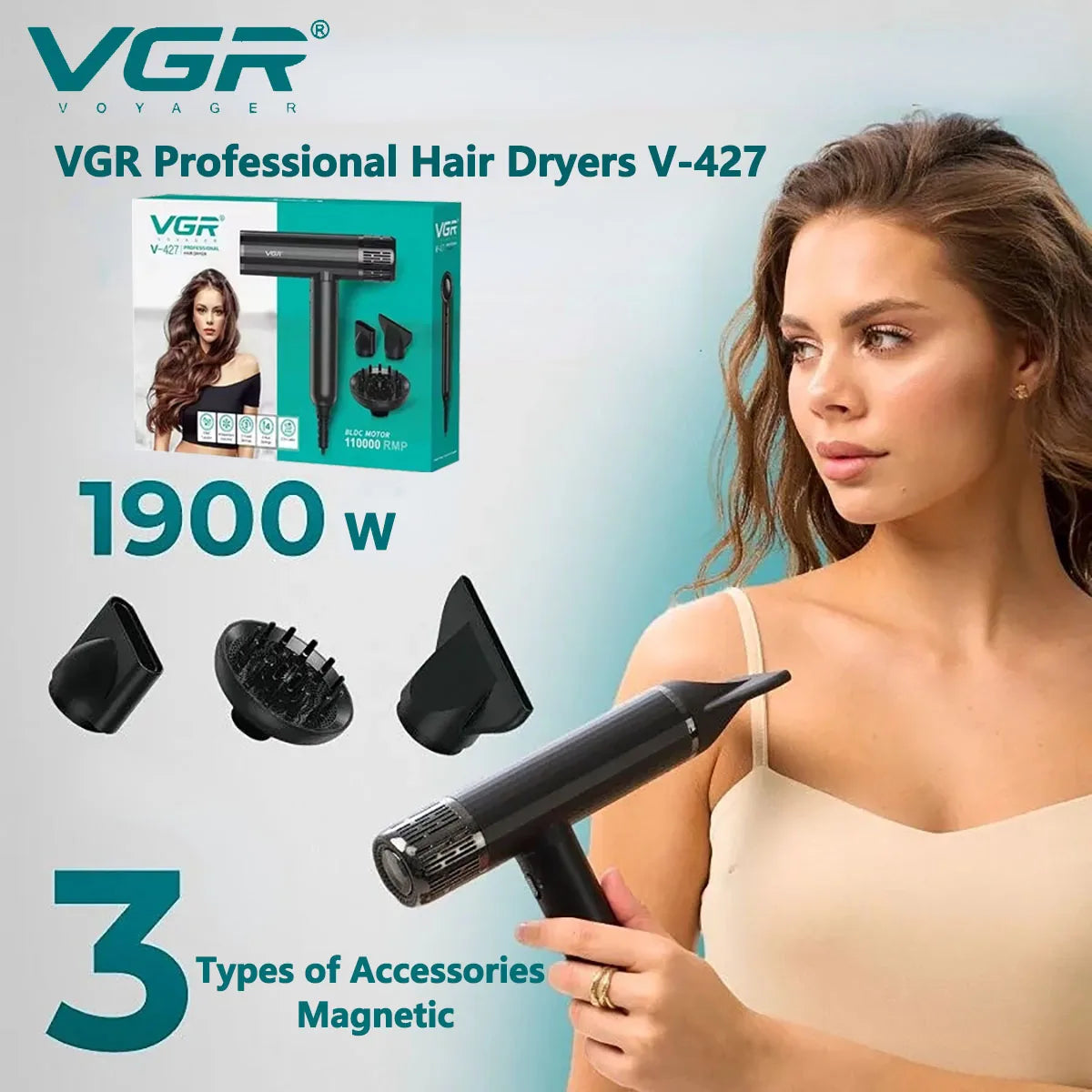 VGR Leafless Hair Dryer Professional Negative Ion Blower Dryer Brushless Motor 11000RPM Powerful Electric Dryer for Salon V-427 Ürün ana görseli