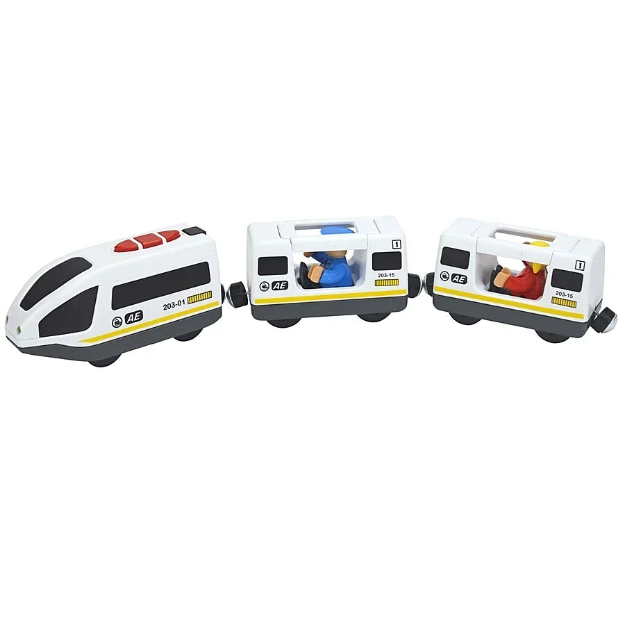 Magnetic Electric Train Car Locomotive Wooden Track Slot Diecast Railway With Two Carriages Train Wood Kid Toy Biro Leduo Track