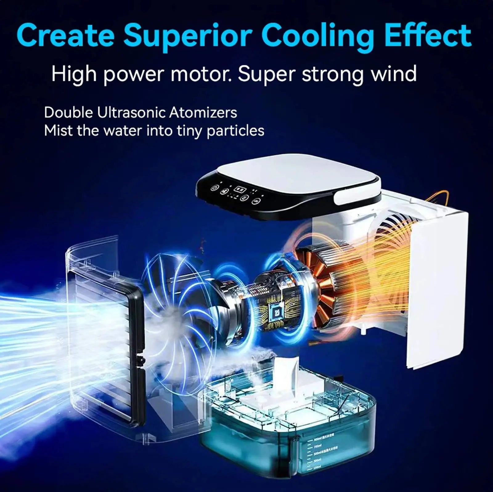 Portable Air Conditioner 3 Speed Mini AC Unit With Dual Mist Ice Box 900ML Water Tank Humidifier For Bedroom Office