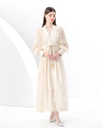 Spring Autumn French High-end Women's Dress New Lace Embroidery V-neck Lantern Sleeves Single Breasted Party Birthday Dress C192