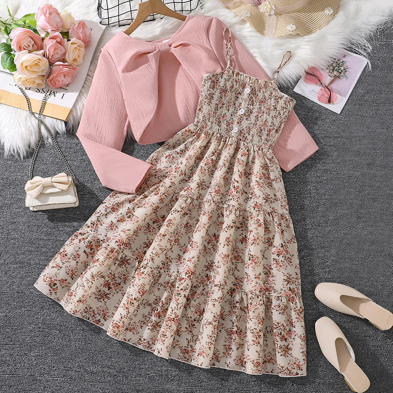 Kid Girl Long Sleeve Bow Design Coat & Beige All Print Shirred-Bodice Sling Dress Set Cute Sweet Elegant Princess Dress For Kids Ürün ana görseli