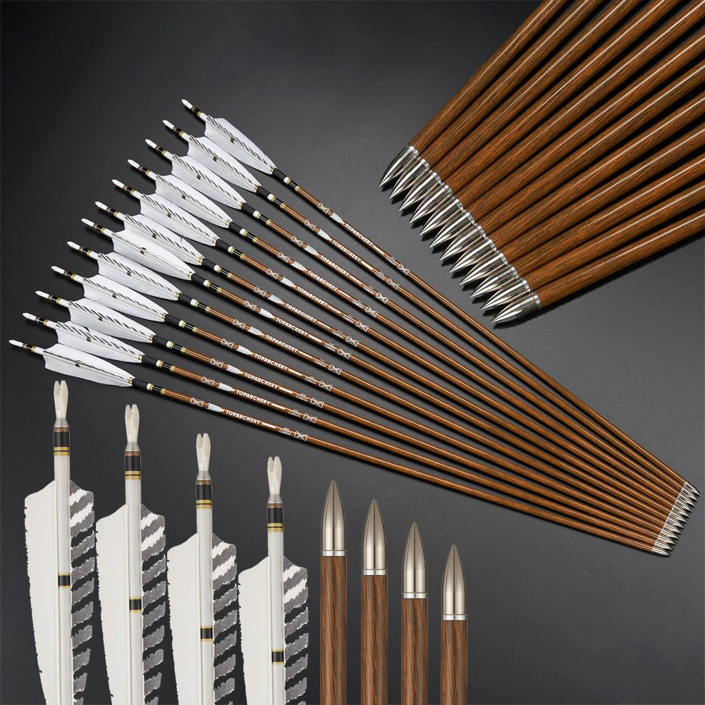6/12/24pcs 32Inch Archery 100%Pure Carbon Arrows ID 6.2mm Wooden Shaft with 5'' Natural Feathers for Hunting Shooting Main image