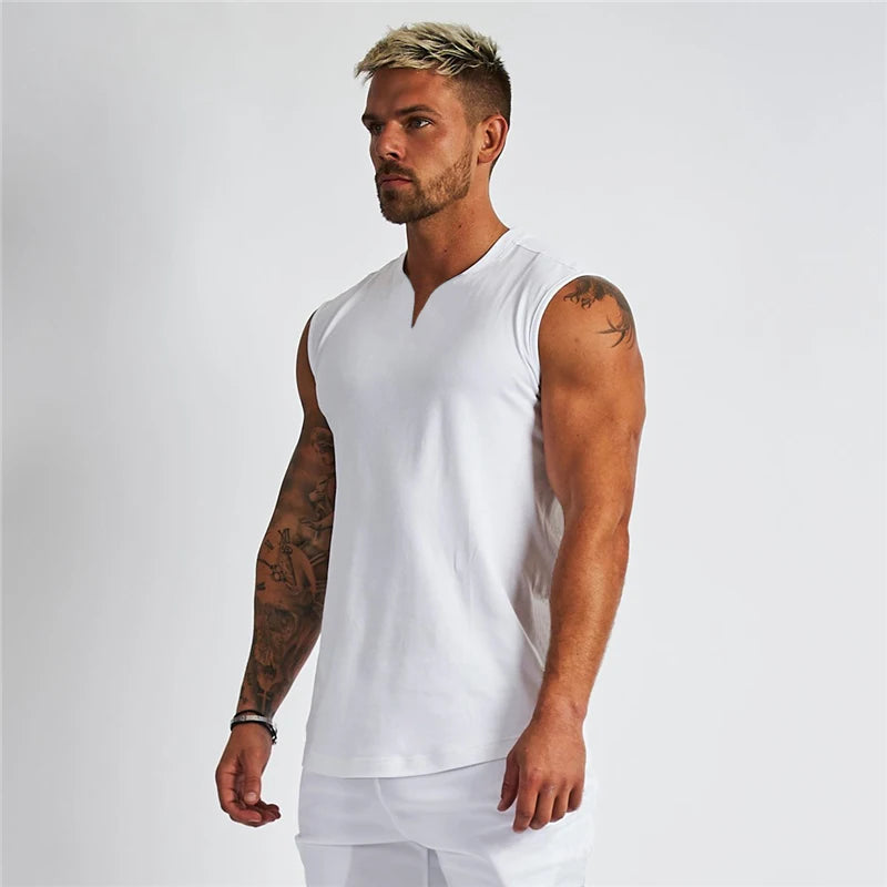 Summer Cotton Breathable V-neck Tank Tops Gym Workout Running Sport Sleeveless Shirt Mens Fitness Bodybuilding Muscle Clothing