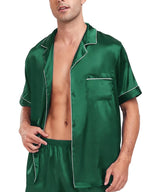 Men's Silky Satin 2Pcs Pajama Set Short-Sleeve Lapel Chest Pocket Shirt And Shorts Smooth Touch Soft Sleepwear Cozy Nightshirts