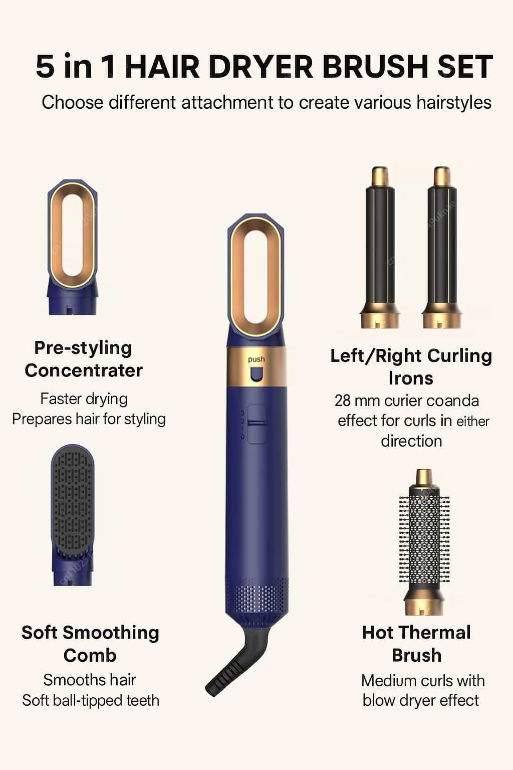 5 In 1 Hair Dryer And Hot Air Comb Brush With Curling Iron Hair Straightener For Fast Drying Curling Straightening And Styling