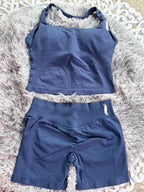 yoga outfits Women 2 pcs Sports DFNNYE Impact Set halterneck Backless Halter Top Seamless Scrunch Shorts Gym Workout Sports Suit